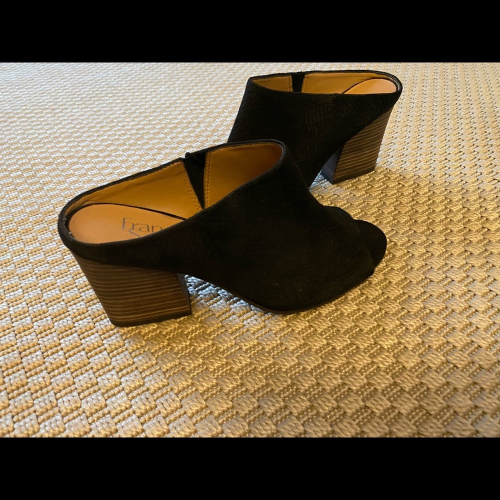 Franco Sarto Wedge Slide Heels Black Snake Suede